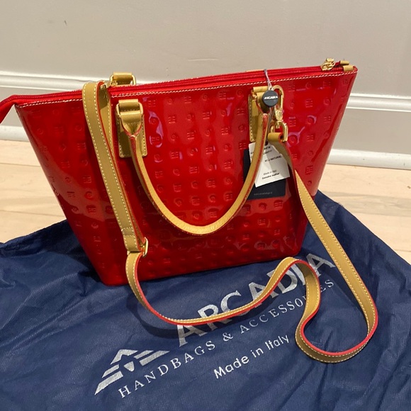 Arcadia red tan trim satchel shoulder bag - Picture 12 of 14